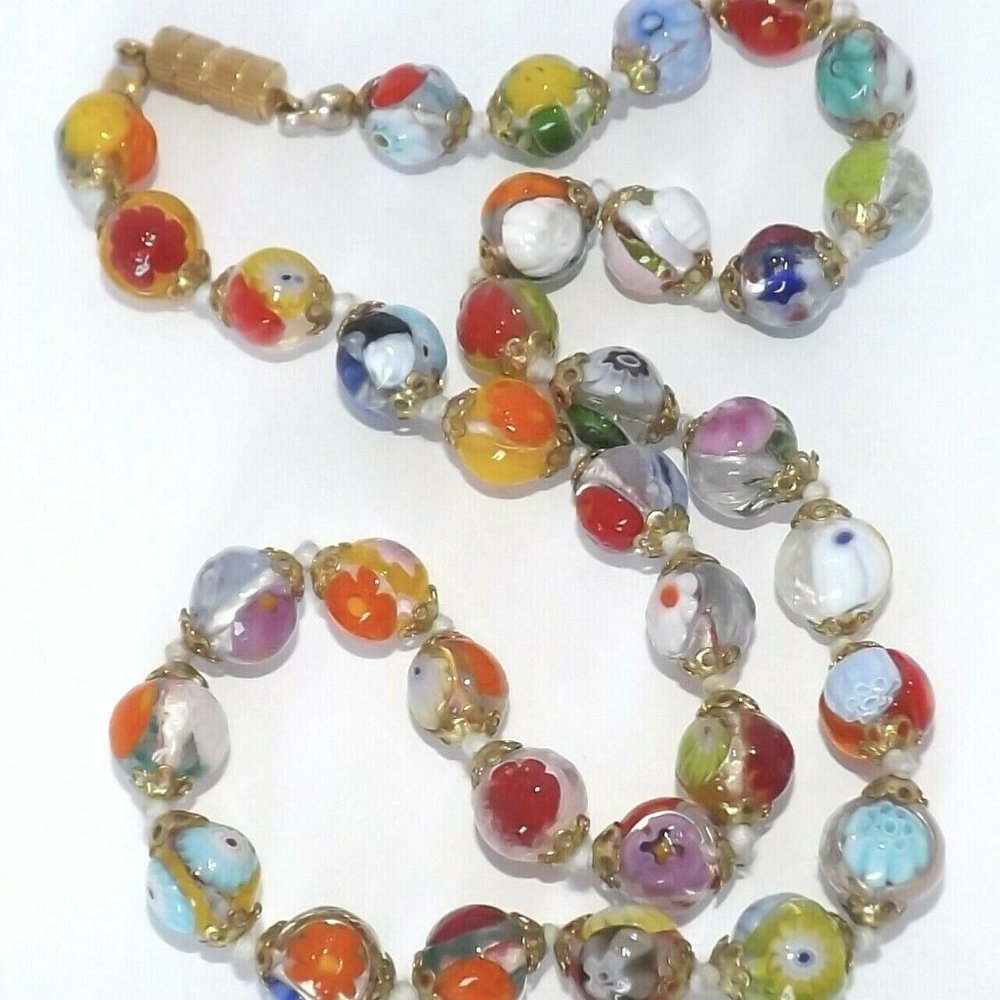Millefiori Venetian Art Glass Necklace Clear Beads Knotted Barrel Clasp 17"